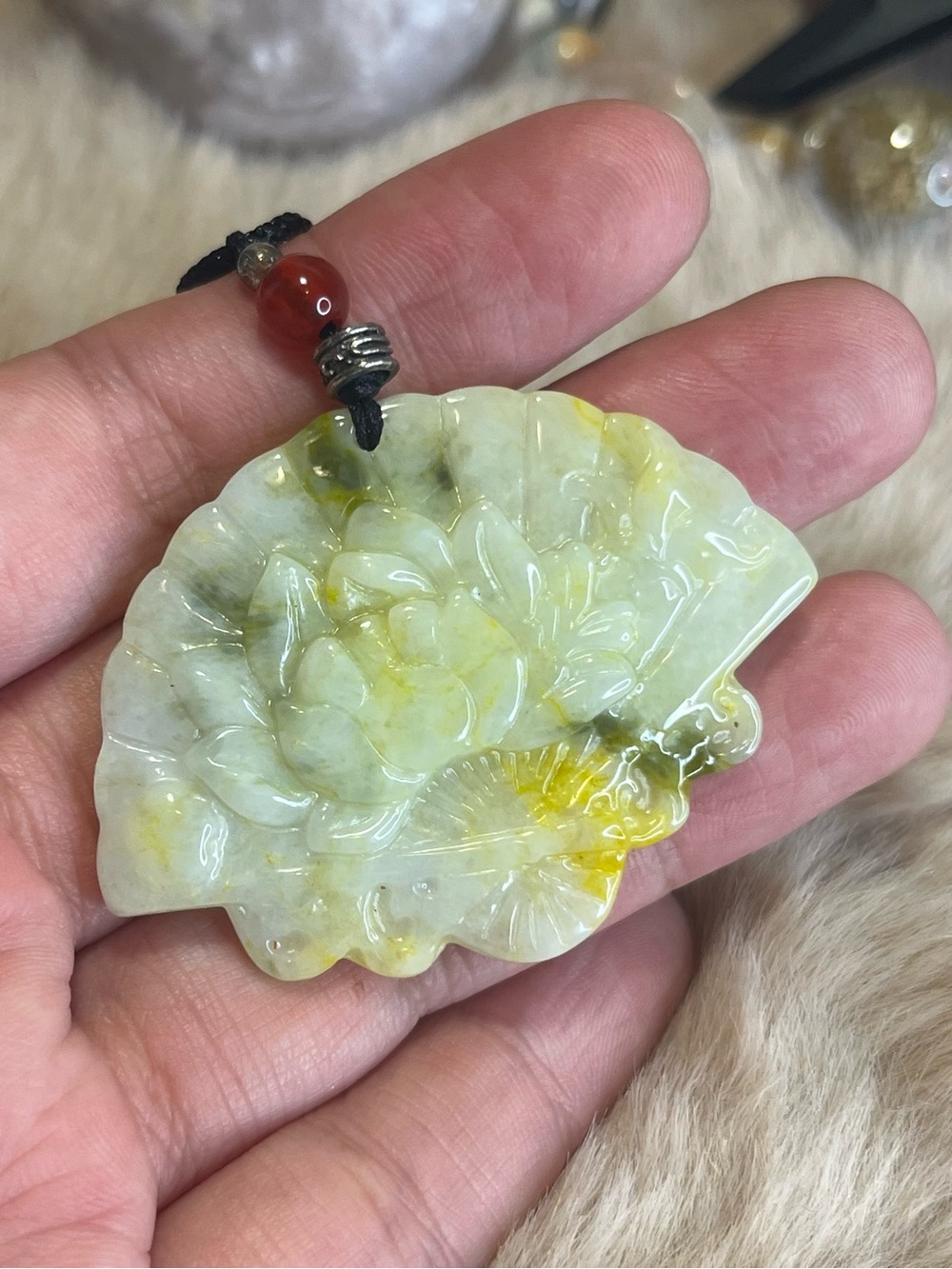 Carved Lotus Fan Jade Pendant Necklace - Yellow Green 1.4×1.9×0.23 inch